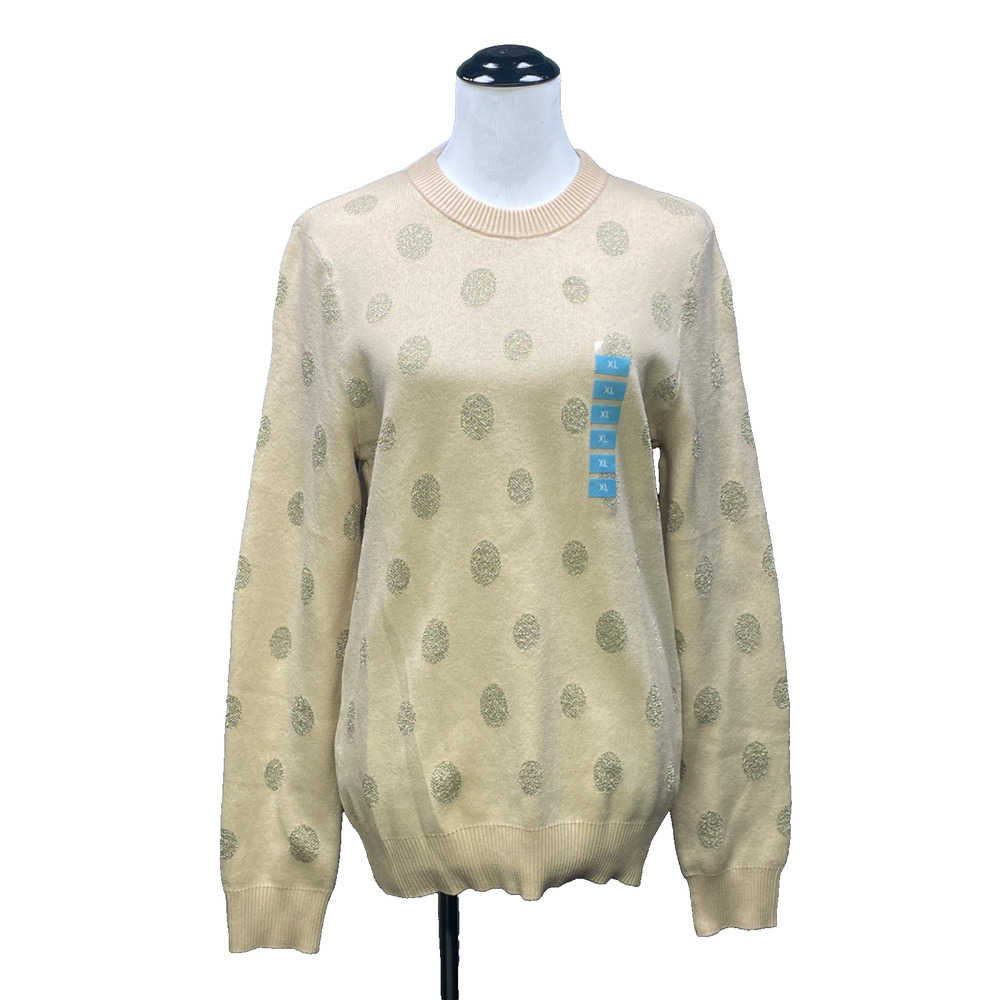 NWT Berkley Jensen XL Lurex Crew Neck Sweater Beige Gold Polka Dot Metallic